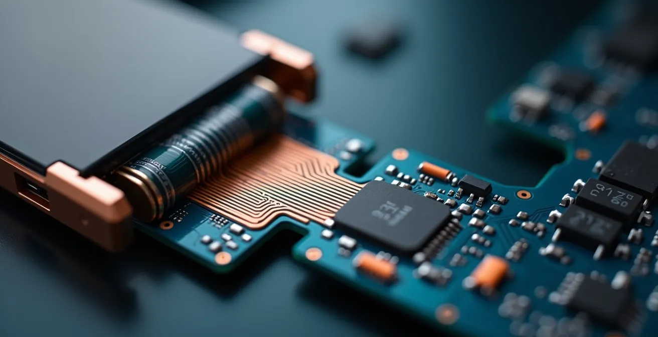 Detailed close-up of a flexible printed circuit board integrated within a modern gadget